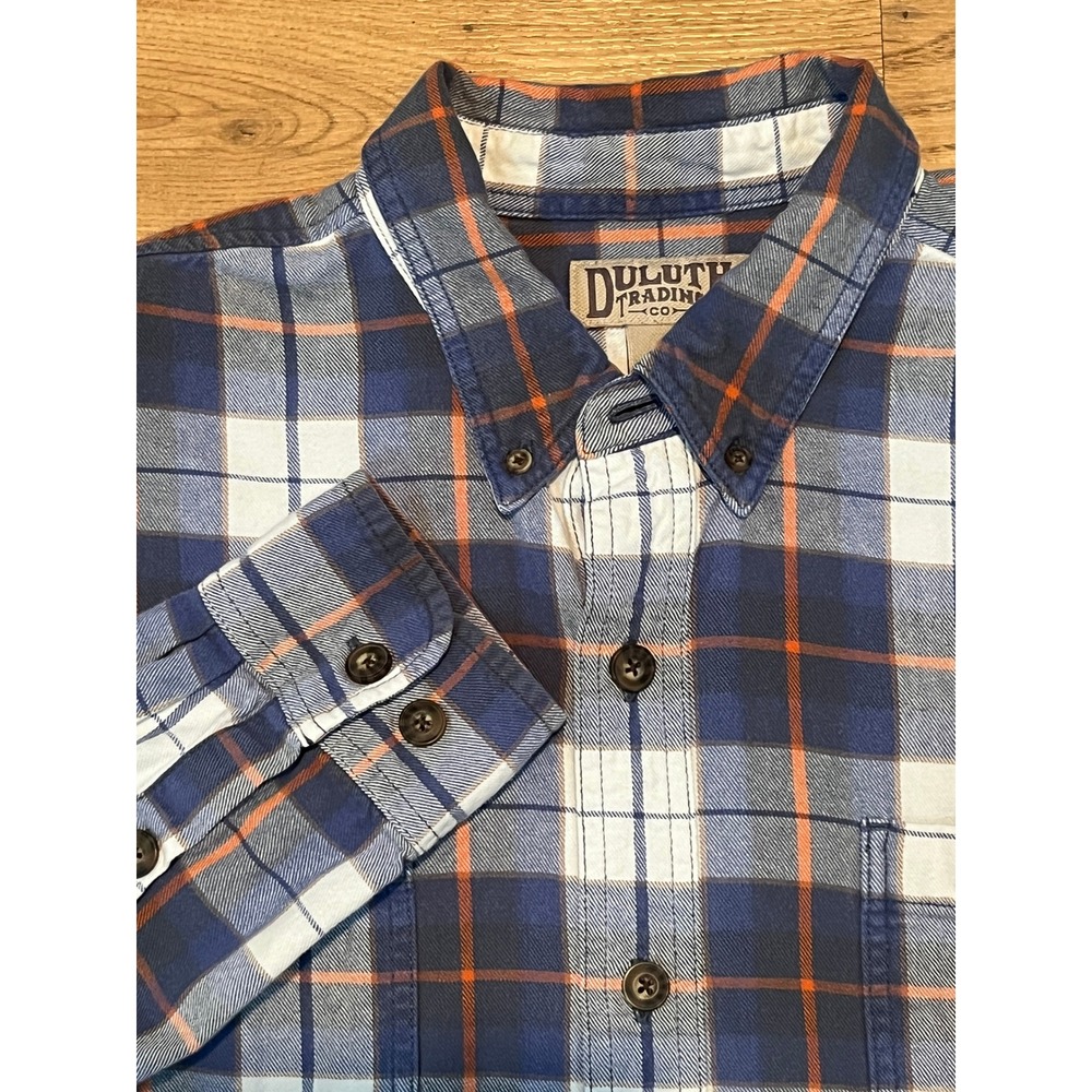 Duluth Trading Co Mens XL Blue Orange Plaid Flannel Button Down Shirt Cotton - Picture 2 of 11
